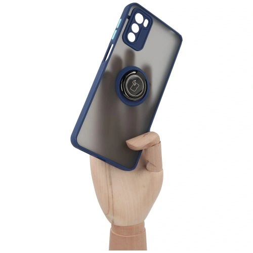 Etui z uchwytem na palec Bizon Case Hybrid Ring do Motorola Moto G42  przydymione z granatową ramką
