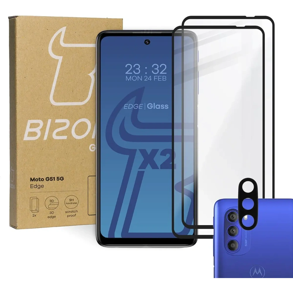 Hurtownia GSM - Bizon Glass Edge edzett üveg - [2 Csomag] + lencsevédő Moto G51 5G fekete - BIZ535 - {ean13} - Hurt