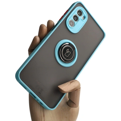 Etui z uchwytem na palec Bizon Case Hybrid Ring do Motorola Moto G52 / G82 przydymione z jasnoniebieską ramką