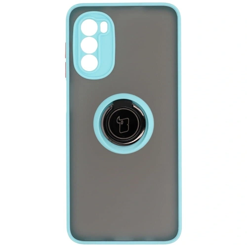 Etui z uchwytem na palec Bizon Case Hybrid Ring do Motorola Moto G52 / G82 przydymione z jasnoniebieską ramką