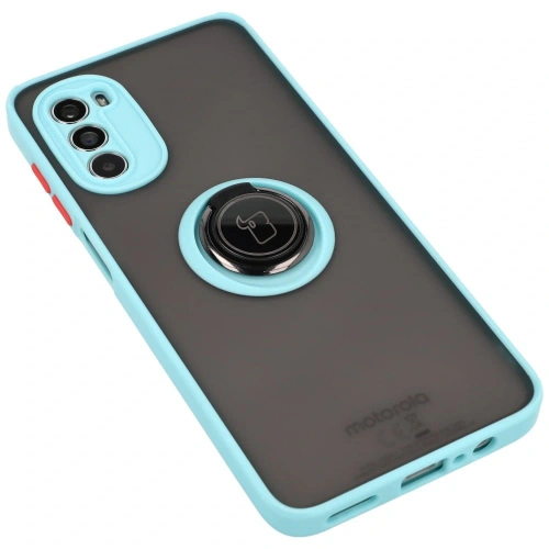 Etui z uchwytem na palec Bizon Case Hybrid Ring do Motorola Moto G52 / G82 przydymione z jasnoniebieską ramką