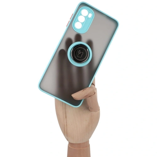 Etui z uchwytem na palec Bizon Case Hybrid Ring do Motorola Moto G52 / G82 przydymione z jasnoniebieską ramką