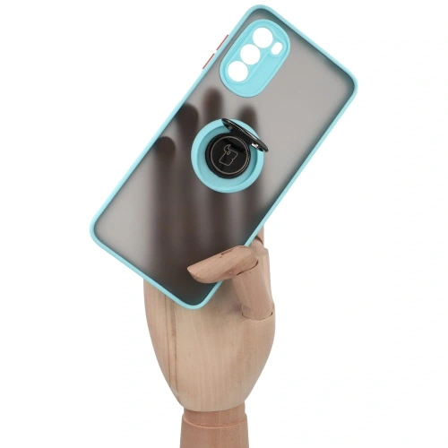 Etui z uchwytem na palec Bizon Case Hybrid Ring do Motorola Moto G52 / G82 przydymione z jasnoniebieską ramką