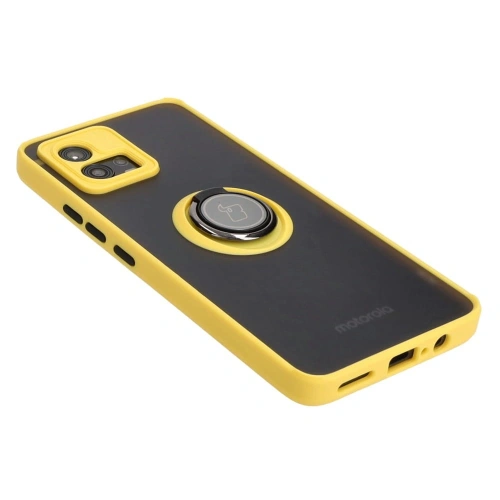 Etui z uchwytem na palec Bizon Case Hybrid Ring do Motorola Moto G72 przydymione z żółtą ramką