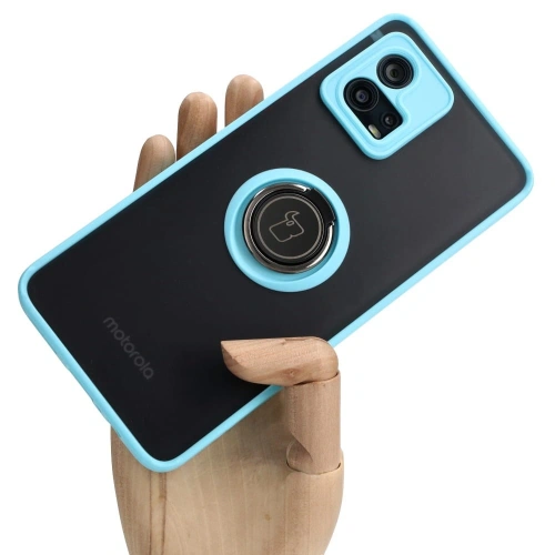 Etui z uchwytem na palec Bizon Case Hybrid Ring do Motorola Moto G72 przydymione z jasnoniebieską ramką