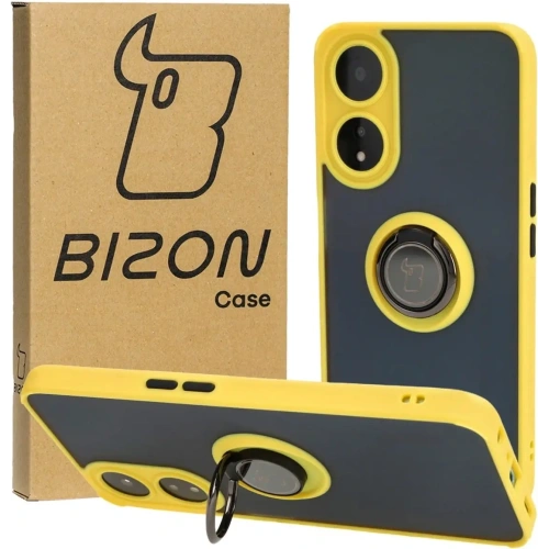 Etui z uchwytem na palec Bizon Case Hybrid Ring do Oppo A78 5G przydymione z żółtą ramką