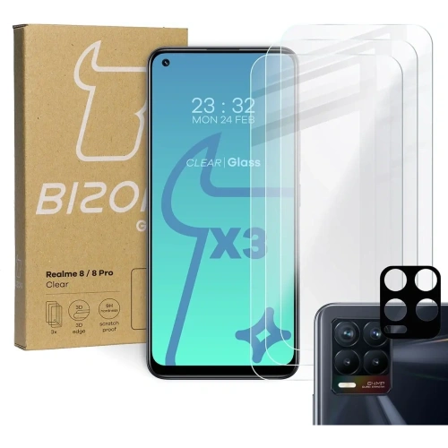 Szkło hartowane Bizon Glass Clear - 3 szt. + obiektyw Realme 8 / 8 Pro