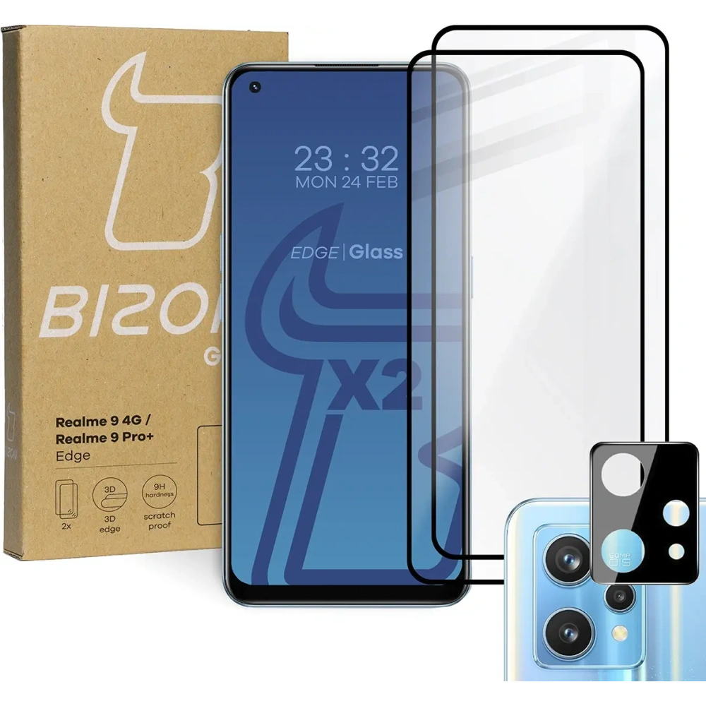 Hurtownia GSM - Bizon Glass Edge edzett üveg - [2 PACK] + lencse védelem Realme 9 4G / Realme 9 Pro+ fekete - BIZ697 - {ean13} - Hurt