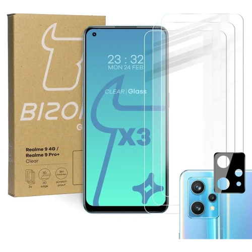 Szkło hartowane Bizon Glass Clear - 3 szt. + obiektyw Realme 9 4G / Realme 9 Pro+