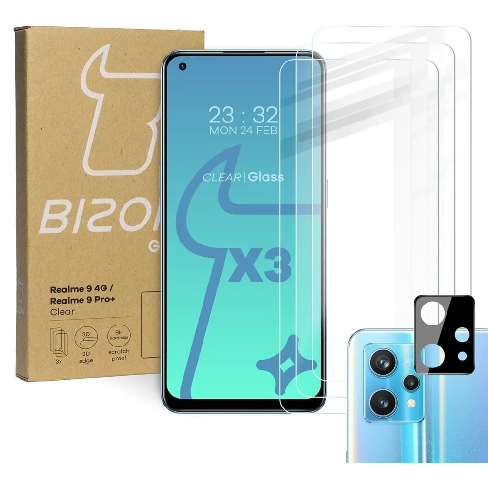 Hurtownia GSM - Bizon Sticlă Clară din sticlă securizată - 3 buc. + sticlă pentru lentilă Realme 9 4G / Realme 9 Pro+ - BIZ700 - {ean13} - Hurt