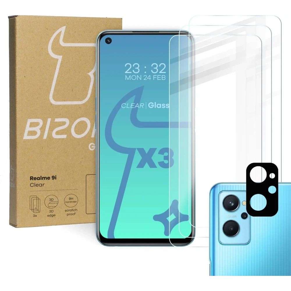 Hurtownia GSM - Bizon üveg tiszta edzett üveg - 3 db. + lencseüveg Realme 9i-hez - BIZ711 - {ean13} - Hurt