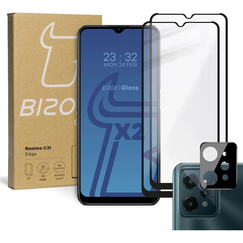 Wholesale Bizon Glass Edge tempered glass - [2 PACK] + lens protection Realme C31 black - BIZ714 - {ean13} - Hurt