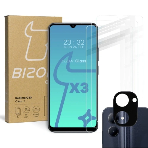3x Szkło na ekran + szkło na aparat BIZON Clear 2 do Realme C33
