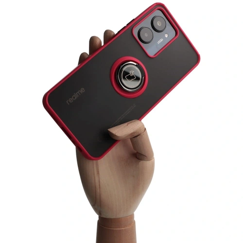 Etui z uchwytem na palec Bizon Case Hybrid Ring do Realme C33 / C30 / Narzo 50i Prime przydymione z czerwoną ramką