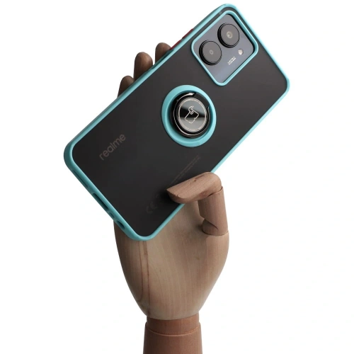 Etui z uchwytem na palec Bizon Case Hybrid Ring do Realme C33 / C30 / Narzo 50i Prime przydymione z jasnoniebieską ramką