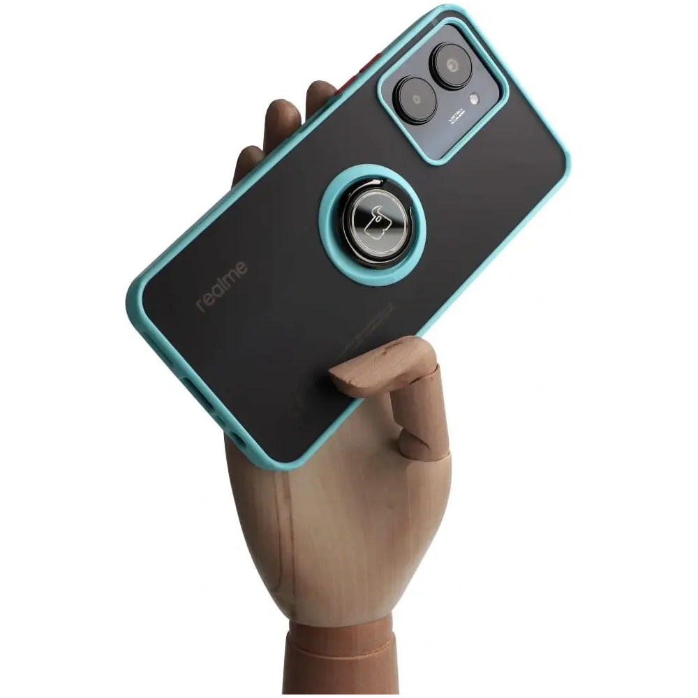 Hurtownia GSM - Etui z uchwytem na palec Bizon Case Hybrid Ring do Realme C33 / C30 / Narzo 50i Prime przydymione z jasnoniebieską ramką - BIZ727 - {ean13} - Hurt