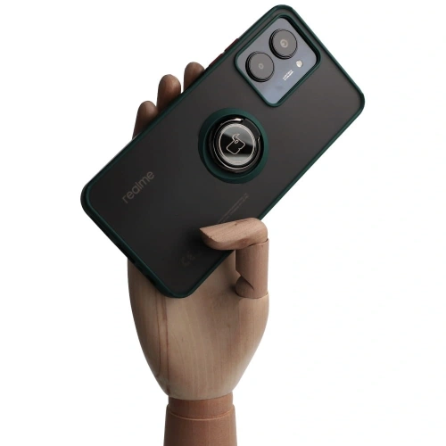Etui z uchwytem na palec Bizon Case Hybrid Ring do Realme C33 / C30 / Narzo 50i Prime przydymione z ciemnozieloną ramką