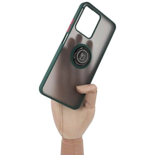 Etui z uchwytem na palec Bizon Case Hybrid Ring do Realme C33 / C30 / Narzo 50i Prime przydymione z ciemnozieloną ramką