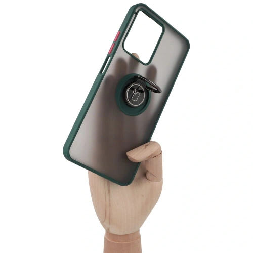 Etui z uchwytem na palec Bizon Case Hybrid Ring do Realme C33 / C30 / Narzo 50i Prime przydymione z ciemnozieloną ramką