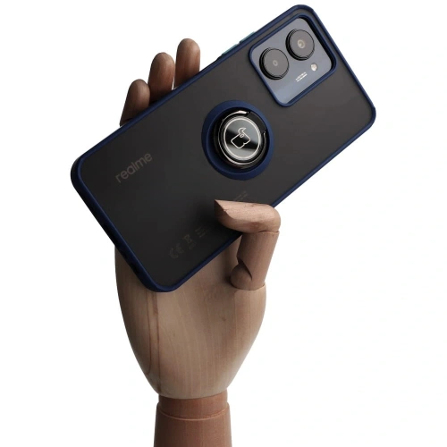 Etui z uchwytem na palec Bizon Case Hybrid Ring do Realme C33 / C30 / Narzo 50i Prime przydymione z granatową ramką
