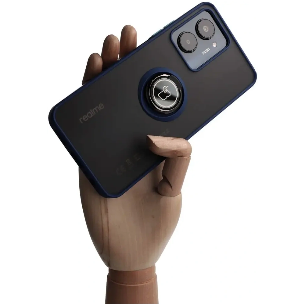 Hurtownia GSM - Etui z uchwytem na palec Bizon Case Hybrid Ring do Realme C33 / C30 / Narzo 50i Prime przydymione z granatową ramką - BIZ729 - {ean13} - Hurt