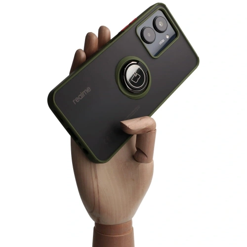 Etui z uchwytem na palec Bizon Case Hybrid Ring do Realme C33 / C30 / Narzo 50i Prime przydymione z zieloną ramką