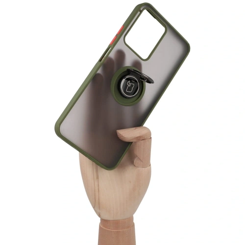 Etui z uchwytem na palec Bizon Case Hybrid Ring do Realme C33 / C30 / Narzo 50i Prime przydymione z zieloną ramką