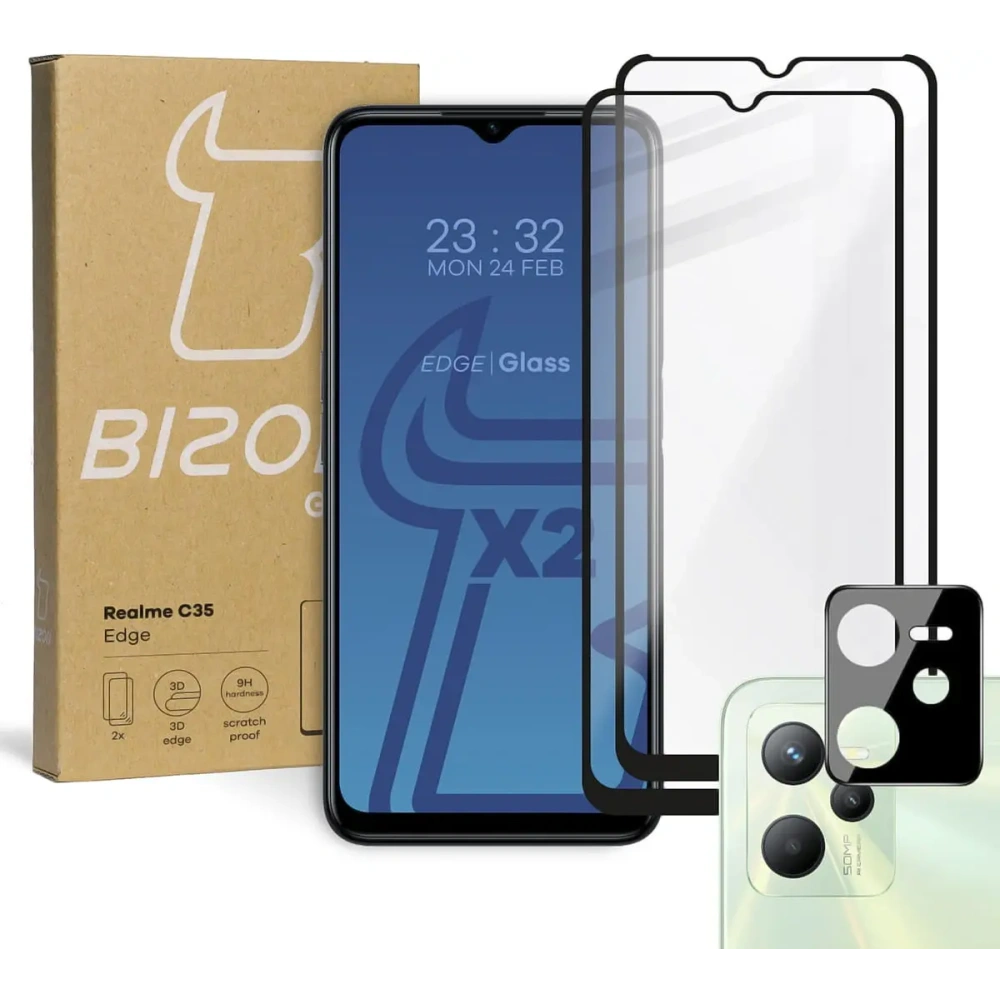 Hurtownia GSM - Bizon Glass Edge edzett üveg - [2 PACK] + lencsevédelem Realme C35 fekete - BIZ734 - {ean13} - Hurt