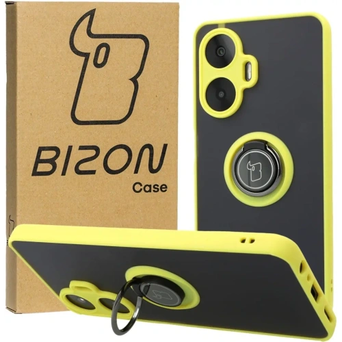 Etui z uchwytem na palec Bizon Case Hybrid Ring do Realme C55 przydymione z żółtą ramką