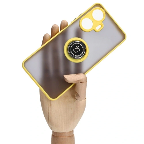 Etui z uchwytem na palec Bizon Case Hybrid Ring do Realme C55 przydymione z żółtą ramką