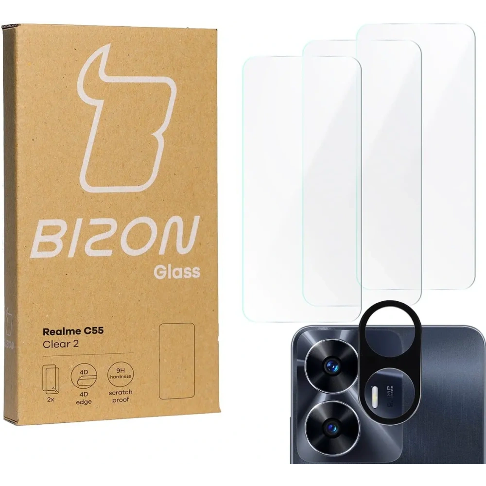 Hurtownia GSM - 3x Szkło na ekran + szkło na aparat BIZON Clear 2 do Realme C55 - BIZ741 - {ean13} - Hurt