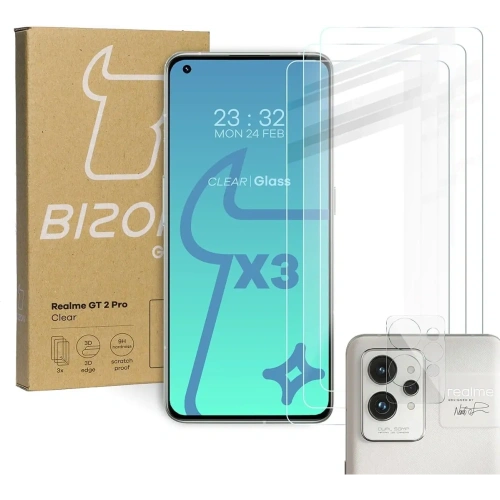 Szkło hartowane Bizon Glass Clear - 3 szt. + obiektyw Realme GT 2 Pro
