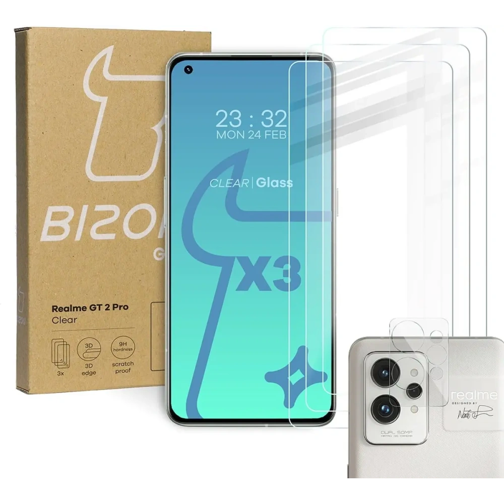 Hurtownia GSM - Bizon Sticlă clară din sticlă securizată - 3 buc. + sticlă de lentilă Realme GT 2 Pro - BIZ750 - {ean13} - Hurt