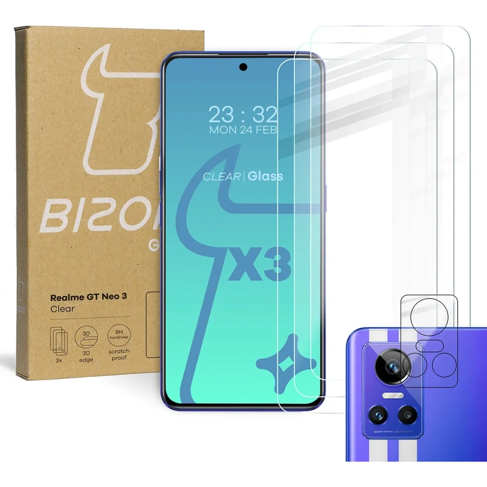 Hurtownia GSM - Bizon Sticlă Clară din sticlă temperată - 3 buc. + sticlă lentilă Realme GT Neo 3 - BIZ763 - {ean13} - Hurt