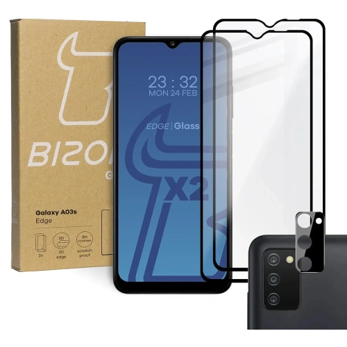 Szkło hartowane Bizon Glass Edge - [2 PACK] + ochrona na obiektyw Samsung Galaxy A03s czarne