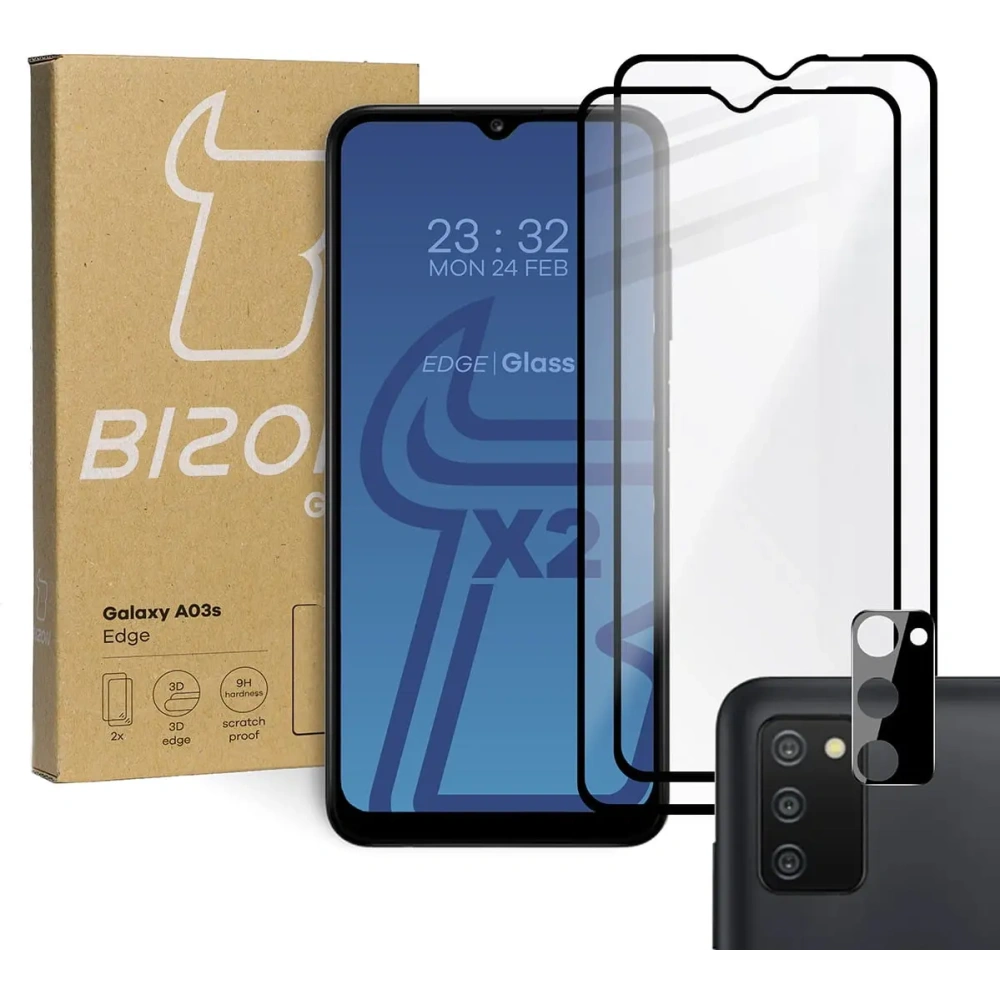Hurtownia GSM - Bizon Glass Edge gehärtetes Glas - [2 PACK] + Linsenschutz Samsung Galaxy A03s schwarz - BIZ803 - {ean13} - Hurt