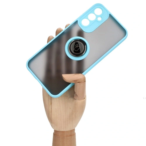 Etui z uchwytem na palec Bizon Case Hybrid Ring do Samsung Galaxy A14 4G / 5G przydymione z jasnoniebieską ramką
