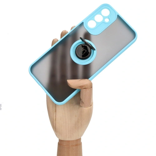 Etui z uchwytem na palec Bizon Case Hybrid Ring do Samsung Galaxy A14 4G / 5G przydymione z jasnoniebieską ramką