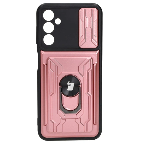 Etui Bizon Case Camshield Card Slot Ring do Samsung Galaxy A14 4G/5G jasnoróżowe