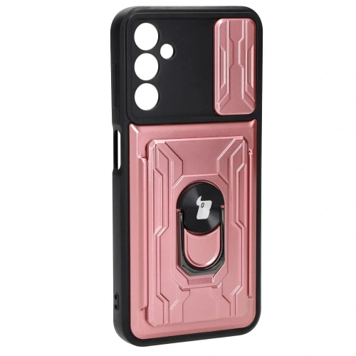 Etui Bizon Case Camshield Card Slot Ring do Samsung Galaxy A14 4G/5G jasnoróżowe