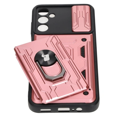 Etui Bizon Case Camshield Card Slot Ring do Samsung Galaxy A14 4G/5G jasnoróżowe