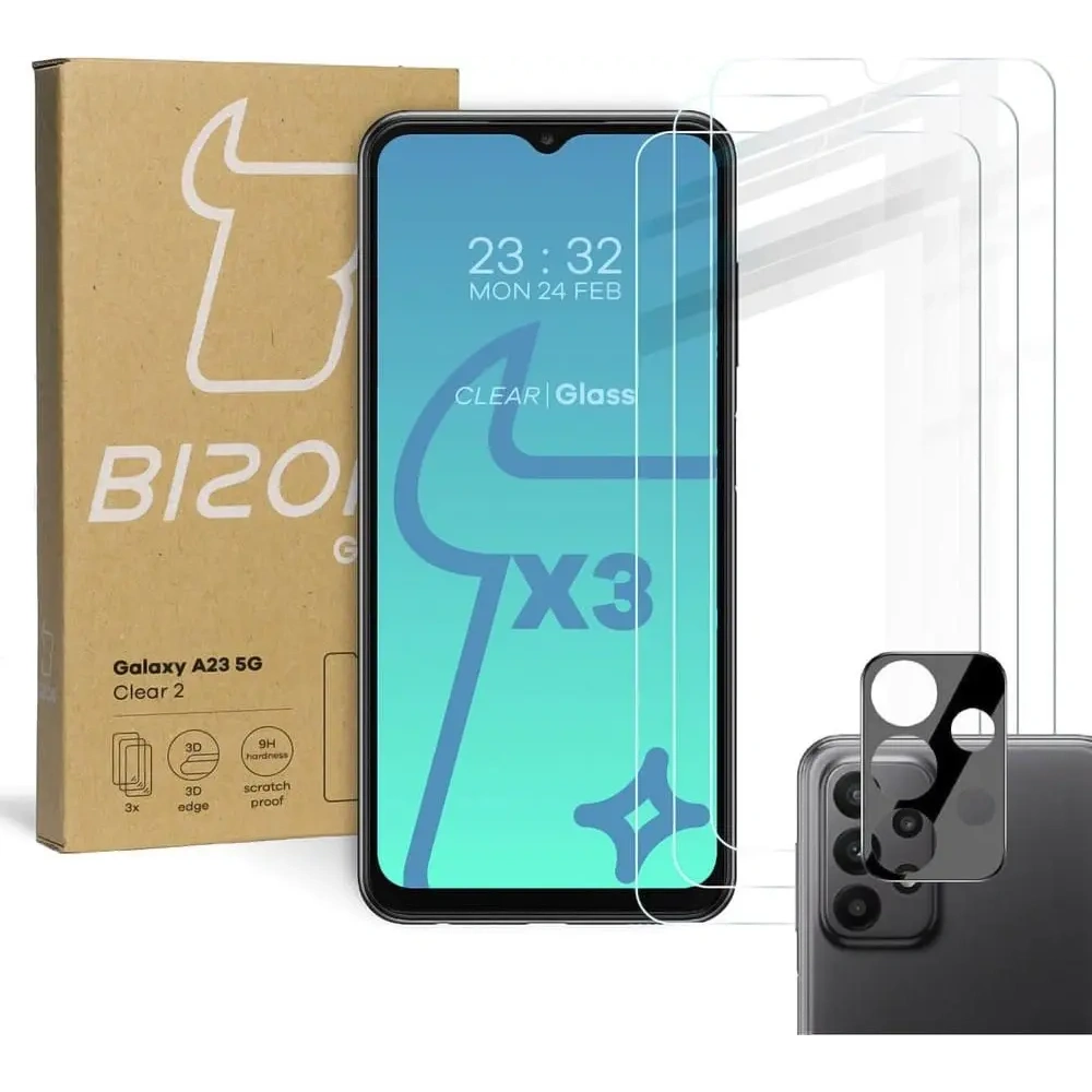 Hurtownia GSM - 3x Szkło na ekran + szkło na aparat BIZON Clear 2 do Samsung Galaxy A23 5G - BIZ7361 - {ean13} - Hurt
