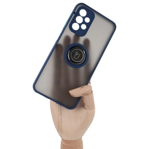 Etui z uchwytem na palec Bizon Case Hybrid Ring do Samsung Galaxy A23 4G / 5G przydymione z granatową ramką
