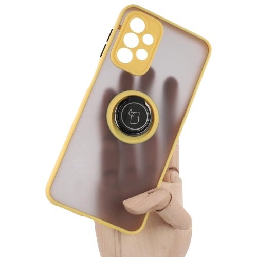 Etui z uchwytem na palec Bizon Case Hybrid Ring do Samsung Galaxy A23 4G / 5G przydymione z żółtą ramką