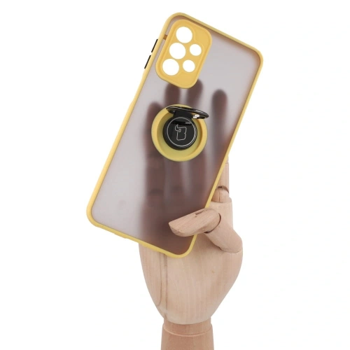 Etui z uchwytem na palec Bizon Case Hybrid Ring do Samsung Galaxy A23 4G / 5G przydymione z żółtą ramką