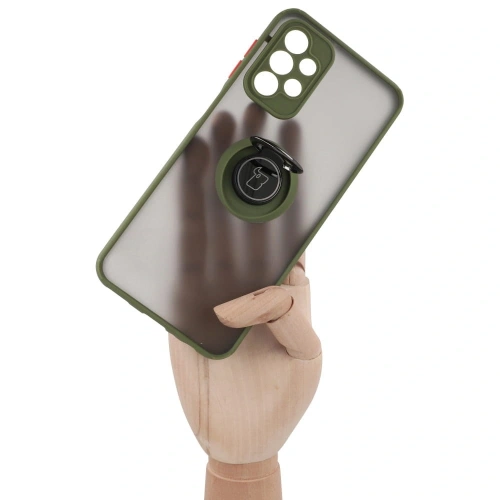Etui z uchwytem na palec Bizon Case Hybrid Ring do Samsung Galaxy A23 4G / 5G przydymione z zieloną ramką