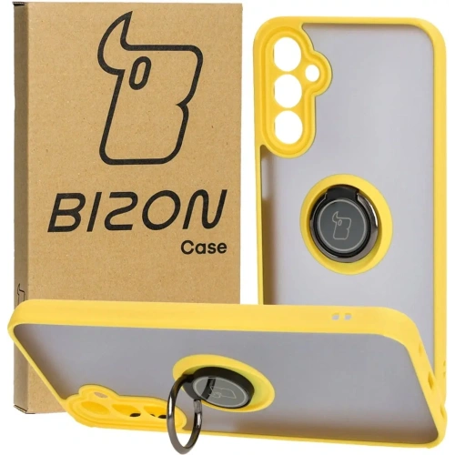 Etui z uchwytem na palec Bizon Case Hybrid Ring do Samsung Galaxy A24 4G przydymione z żółtą ramką