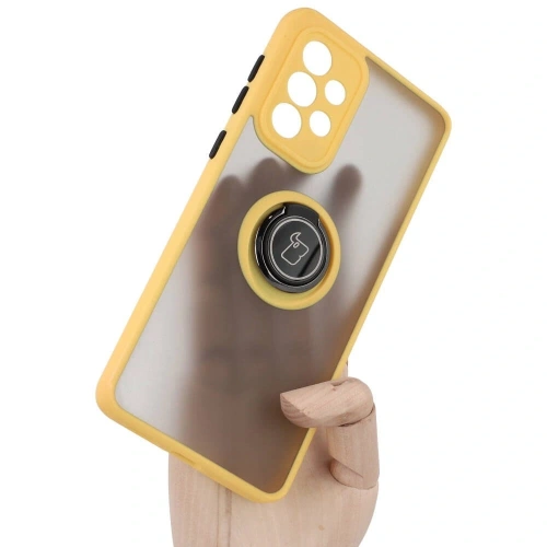 Etui z uchwytem na palec Bizon Case Hybrid Ring do Samsung Galaxy A33 5G przydymione z żółtą ramką