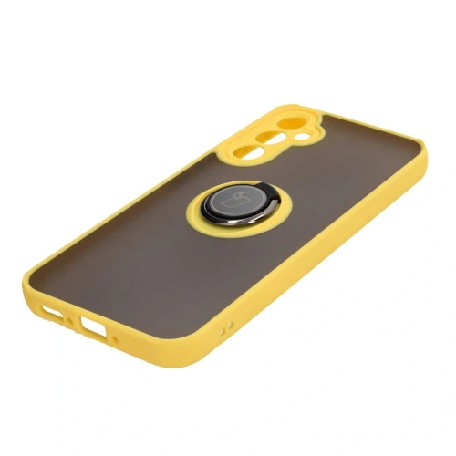 Etui z uchwytem na palec Bizon Case Hybrid Ring do Samsung Galaxy A34 5G przydymione z żółtą ramką