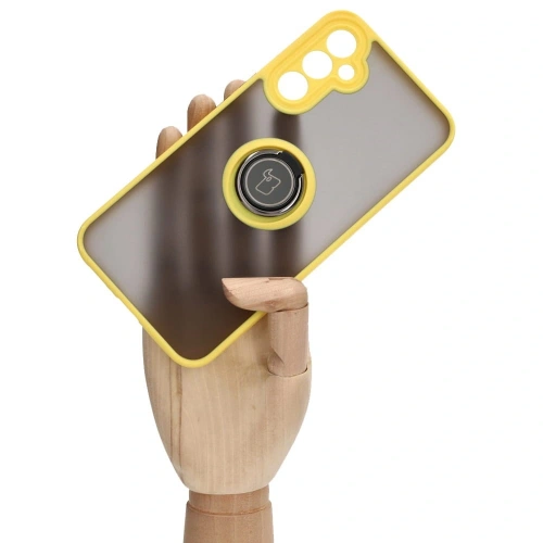 Etui z uchwytem na palec Bizon Case Hybrid Ring do Samsung Galaxy A34 5G przydymione z żółtą ramką